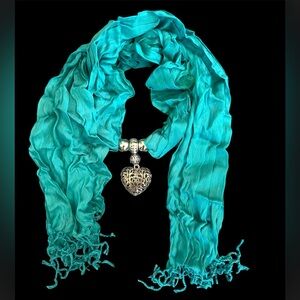 Paige Danielle Lightweight Teal/Turquoise Scarf with Silver Heart Pendant NEW